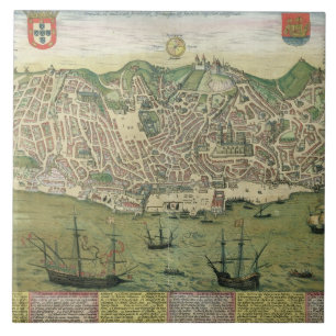 Karte von Lissabon, von "Civitates Orbis Terrarum" Fliese