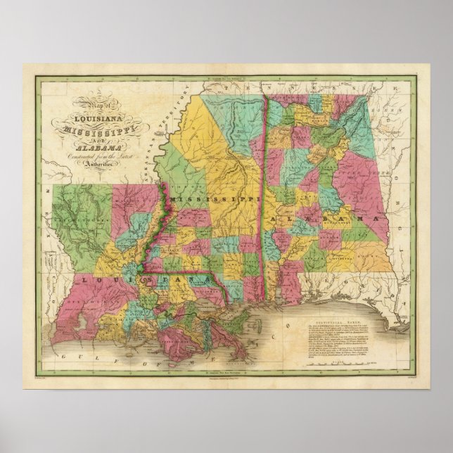 Karte von Louisiana Mississippi und Alabama Poster (Vorne)