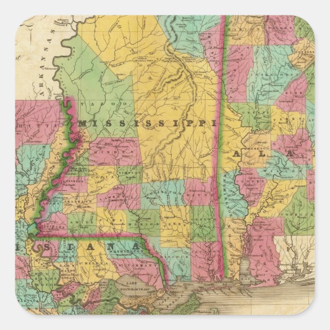 Karte von Louisiana Mississippi und Alabama Quadratischer Aufkleber (Vorderseite)