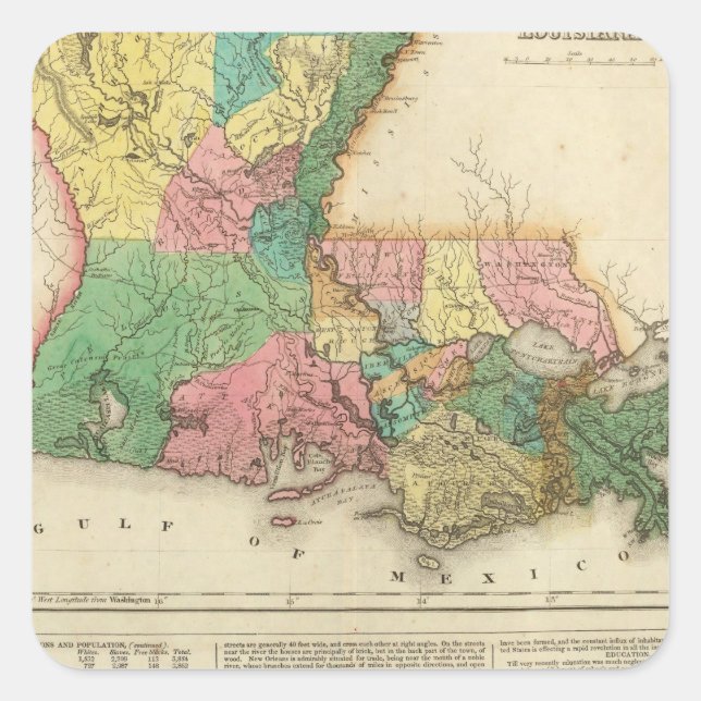 Karte von Louisiana Quadratischer Aufkleber (Vorderseite)