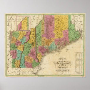 Karte von Maine New Hampshire und Vermont Poster
