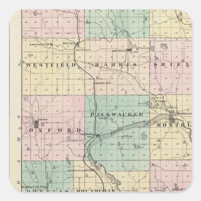 Karte von Marquette Landkreis & Westfield Quadratischer Aufkleber (Vorderseite)