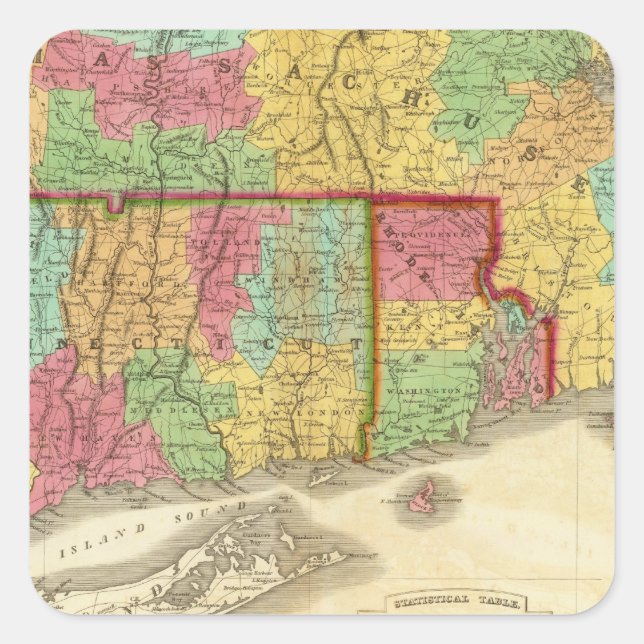 Karte von Massachusetts Connecticut und Rhode Isla Quadratischer Aufkleber (Vorderseite)