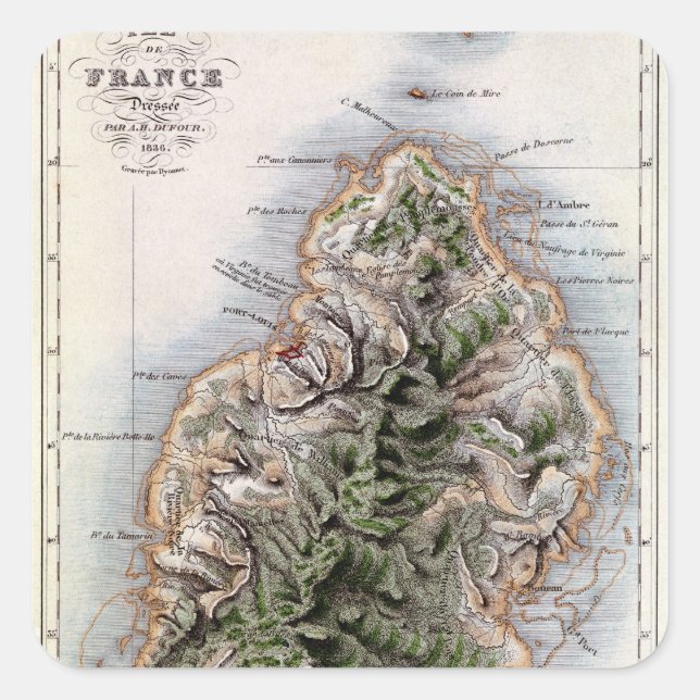 Karte von Mauritius, Abbildung "Paul et Virginie" Quadratischer Aufkleber (Vorderseite)