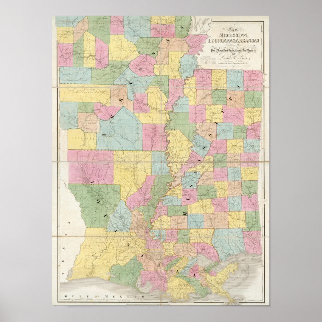 Karte von Mississippi, Louisiana und Arkansas Poster (Vorne)