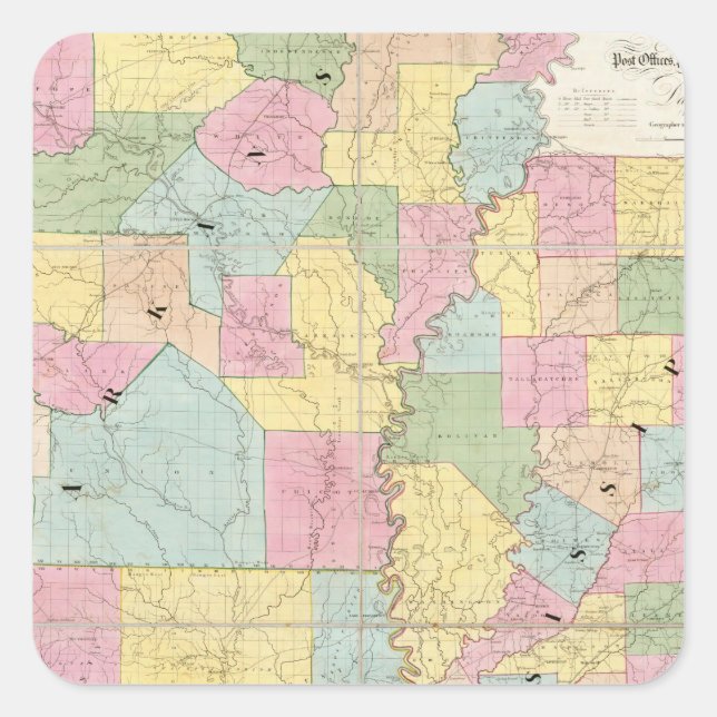 Karte von Mississippi, Louisiana und Arkansas Quadratischer Aufkleber (Vorderseite)