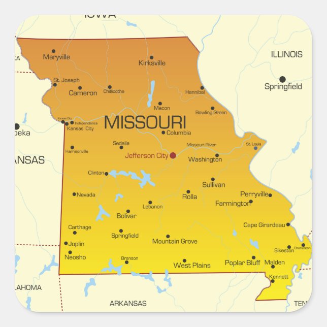 Karte von Missouri Quadratischer Aufkleber (Vorderseite)