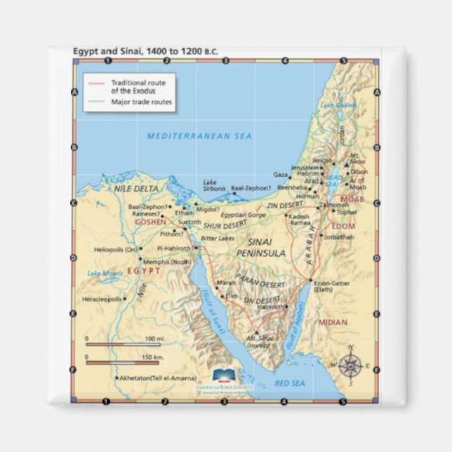Karte von Moses Exodus Ägypten und Sinai 1400 bis  Magnet (Vorne)