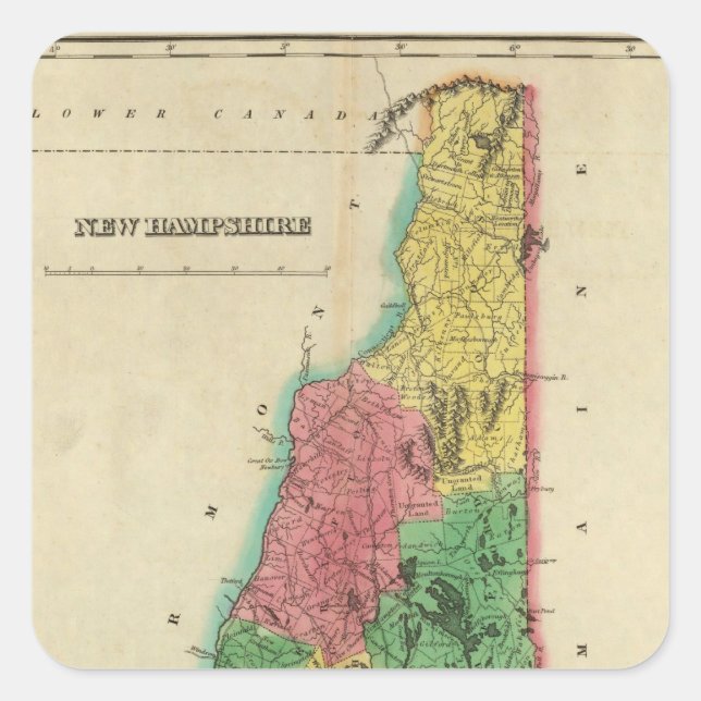 Karte von New Hampshire Quadratischer Aufkleber (Vorderseite)