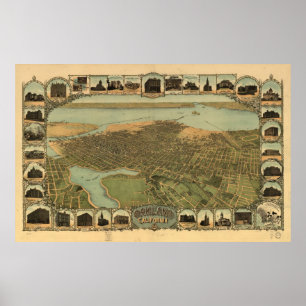 Karte von Oakland, Vogel-Auge View, 1900 Poster