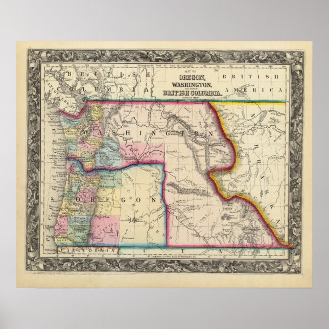 Karte von Oregon, Washington Poster (Vorne)