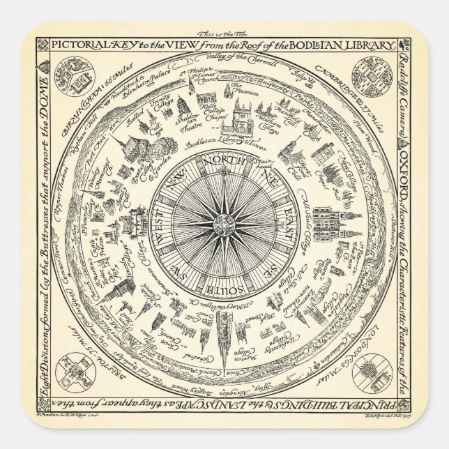 Karte von Oxford aus der Bodleian Library Quadratischer Aufkleber (Vorderseite)