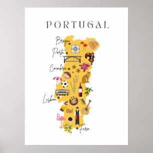 Karte von Portugal mit Hauptstädten und verschiede Poster