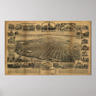 Karte von Sacramento, Vogel-Auge Ansicht, 1890 Poster