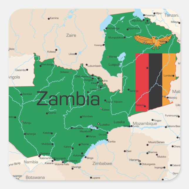 Karte von Sambia Quadratischer Aufkleber (Vorderseite)