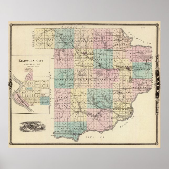 Karte von Sauk Landkreis und Kilbourn City Poster (Vorne)