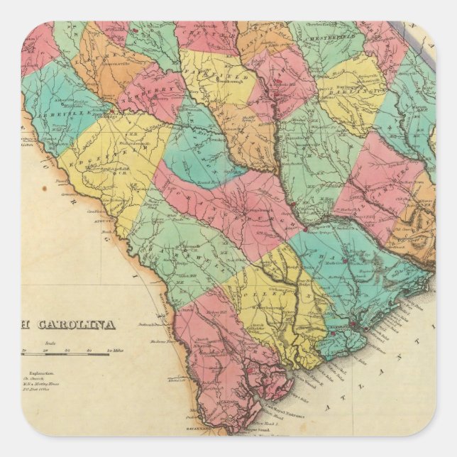 Karte von South Carolina Quadratischer Aufkleber (Vorderseite)
