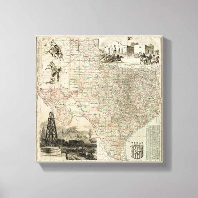 Karte von Texas mit Landkreis Borders Leinwanddruck (Vorderseite)