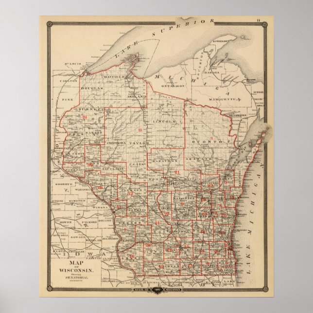 Karte von Wisconsin mit den Senatoralbezirken Poster (Vorne)