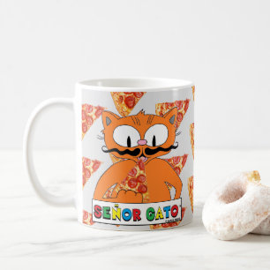 Karteikarte-Schnurrbart-Katze Señor Gato isst Pizz Kaffeetasse
