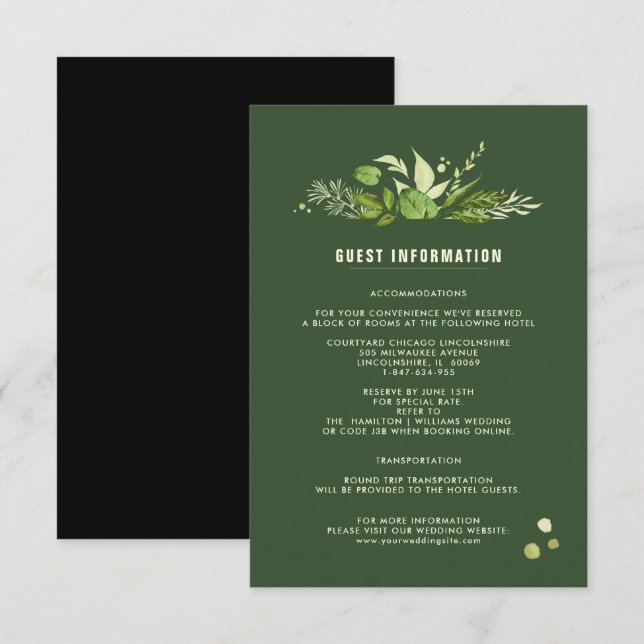 Karten für die Hochzeitdetails | Green Black Botan (Vorne/Hinten)