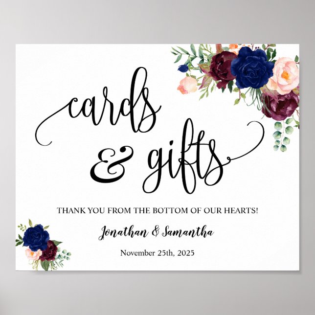 Karten & Geschenke Hochzeitsempfang, Blumenschild Poster (Vorne)