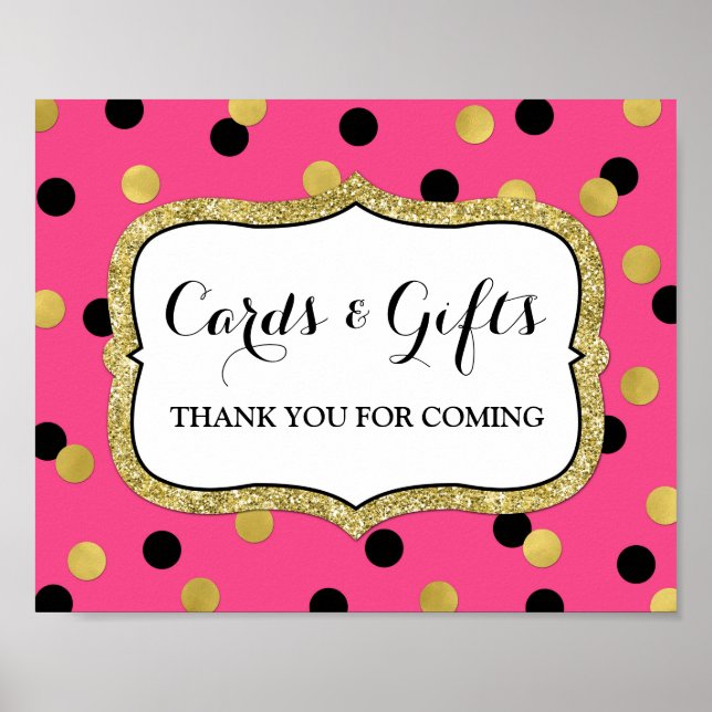 Karten Geschenke Schild Pink Black Gold Confetti (Vorne)