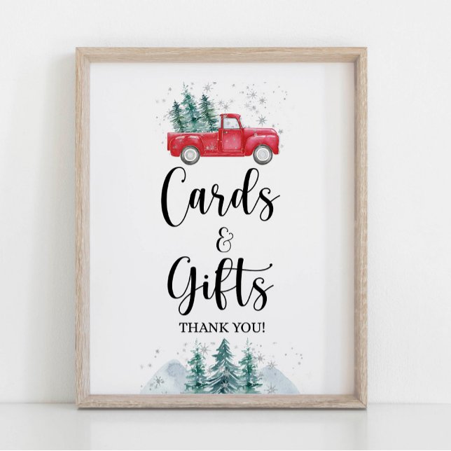Karten & Geschenke Unterschreiben Winter Roter Wei Poster (Cards & Gifts Shower Sign, Winter Red Christmas Tree Pickup Truck Theme)