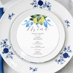 Karten mit Hochzeitmenü Blau und Gelb<br><div class="desc">Diese bedruckten Hochzeitsmenükarten zeichnen sich durch ein blau-gelbes Zitronenmuster und botanisches Design aus. Die Karte kehrt zu einer kostenlosen blauen Farbe zurück. Verwenden Sie die Vorlagenfelder, um Ihre personalisierten Daten abzufragen. Das elegante runde Design ist eine bezaubernde Wahl für mediterrane, rustikale und Gartenhochzeiten. Bestellen Sie ein Muster oder eine Bestellung...</div>