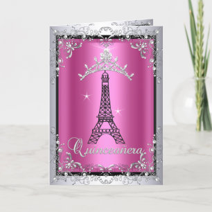 Karten-Quinceanera-Rosa-Silber-Tiara-Eiffelturm Einladung