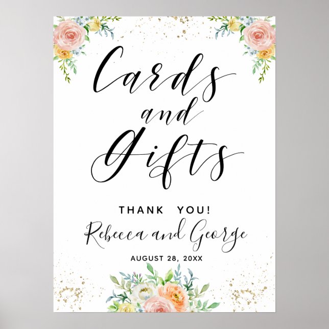 Karten und Geschenke Blumenrot und Gold Poster (Vorne)