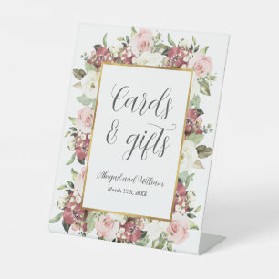 Karten und Geschenke Mauve Pink Florals Gold Weddi Sockelschild