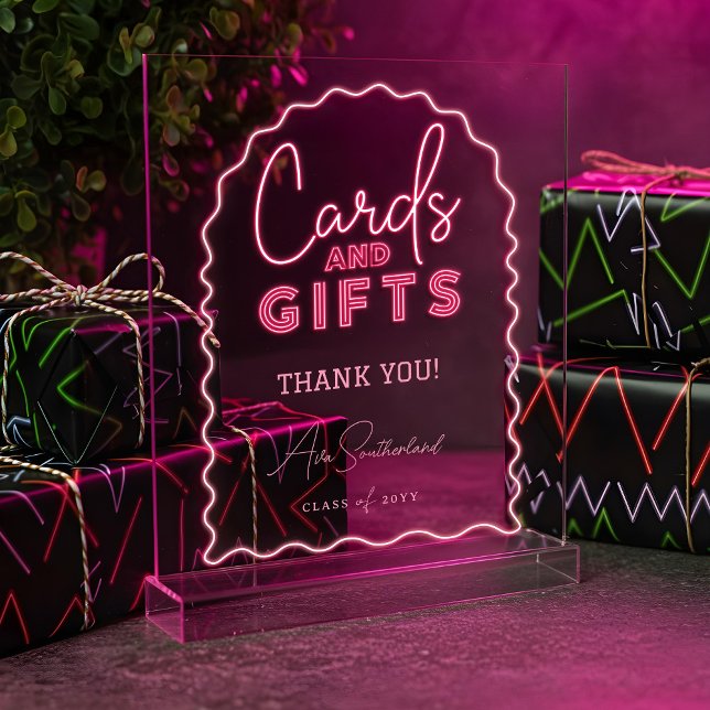 Karten und Geschenke Wavy Pink Neon Graduierungspa Acrylschild (Cards & Gifts Wavy Pink Neon Graduation Party Acrylic Sign)
