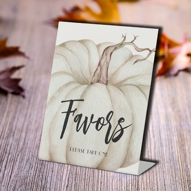Karten und Geschenke White Pumpkin Baby Dusche Sockelschild (Favors tabletop pedestal sign with a white pumpkin for a baby shower or any occasion)
