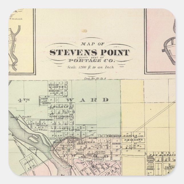 Karten von Stevens Point, Elroy und Wonewoc Quadratischer Aufkleber (Vorderseite)