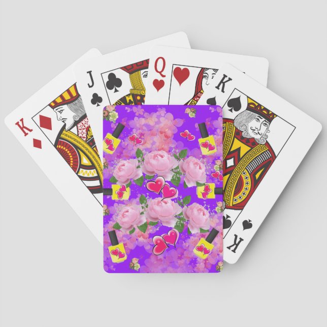 Kartenspiel Deck Floral Rosa Herzen Gelb Polnisch Spielkarten (Rückseite)