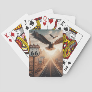 Kartenspiel Route 66 mit fliegendem Adler. Spielkarten