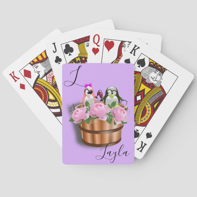 Kartenspielen Deck Pinguin Lila Rosa Rosen Spielkarten (Rückseite)