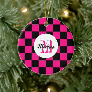 Kartierte Quadrate mit rosa, schwarz Retrogramm Keramik Ornament