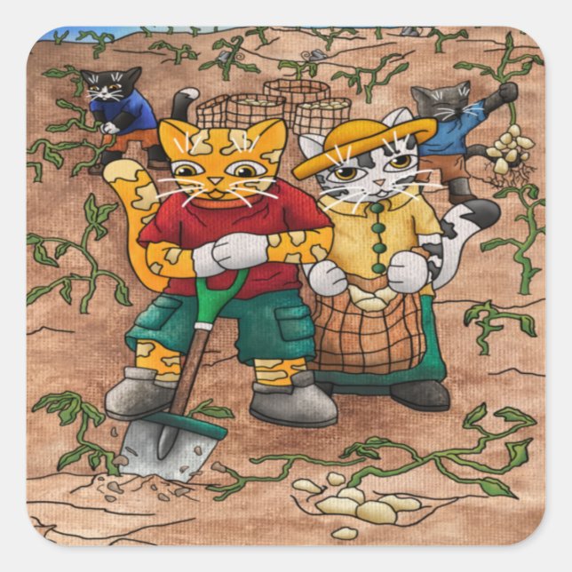 Kartoffelernte Feldkatzen Quadratischer Aufkleber (Vorderseite)