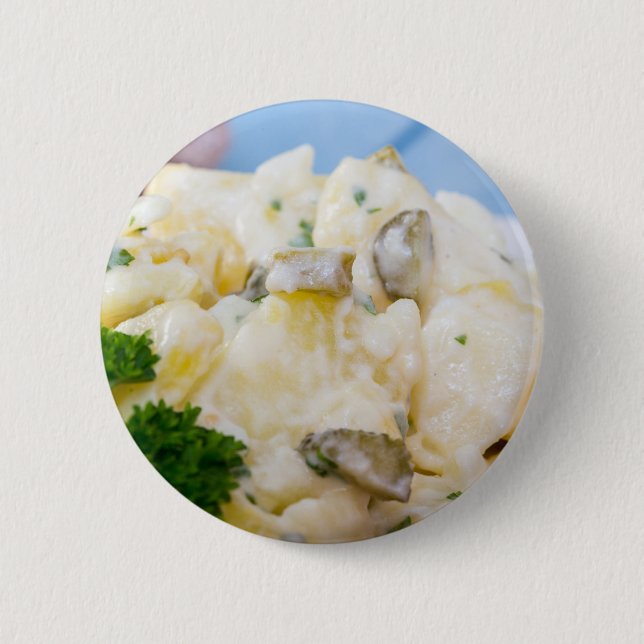 Kartoffelsalat mit Wurst und Senf Button (Vorderseite)