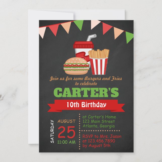 Karton Burgers and Fries Birthday Party Einladung (Vorderseite)