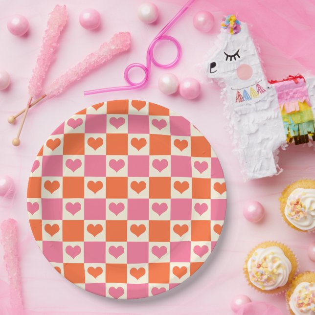 Karton-Herzen in Rosa, Orange und Creme Pappteller (Party)