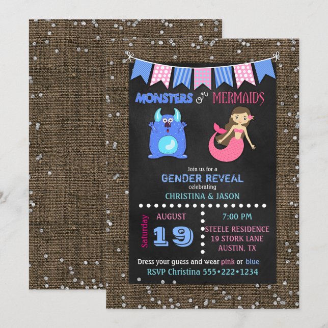 Karton-Monster oder Mermaids-Genderdarstellung Einladung (Vorne/Hinten)