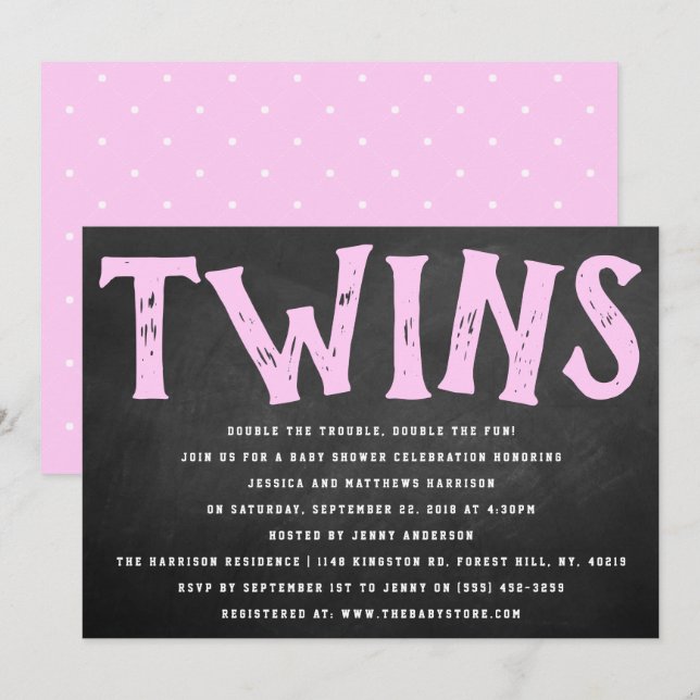 Karton Typografie Twin Girls Babydusche Einladung (Vorne/Hinten)