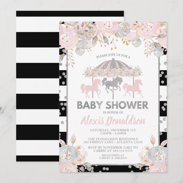 Karussell-Babyparty-Einladungs-Silber mit Blumen Einladung (Vorne/Hinten)