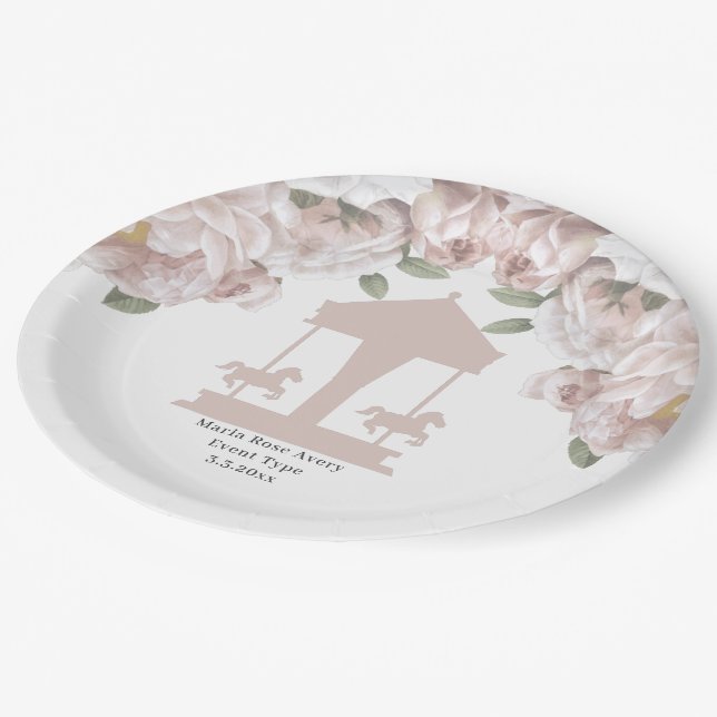 Karussell floral Soft Pink Personalisiert Pappteller (Schrägansicht)