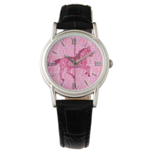 Karussell Pferd - Fuchsia Pink Armbanduhr (Vorderseite)