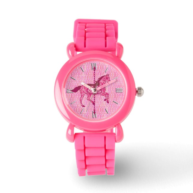 Karussell Pferd - Fuchsia Pink Armbanduhr (Vorderseite)
