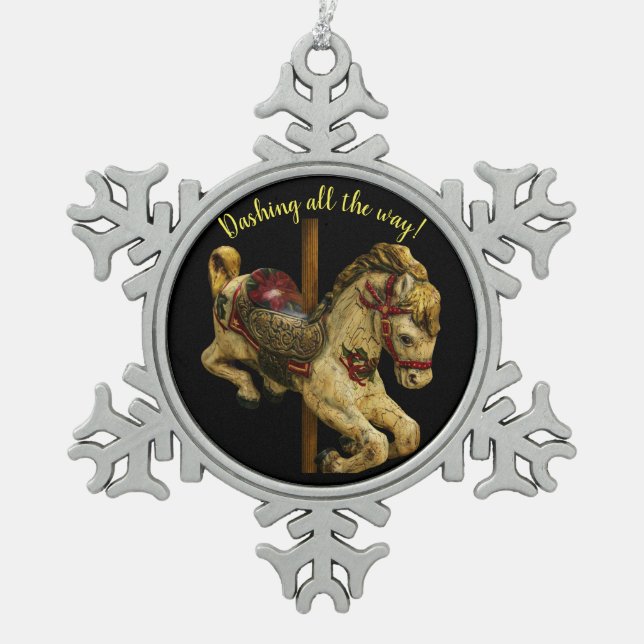 Karussell-Pferd~ Schneeflocke-gerahmte Verzierung Schneeflocken Zinn-Ornament (Vorderseite)
